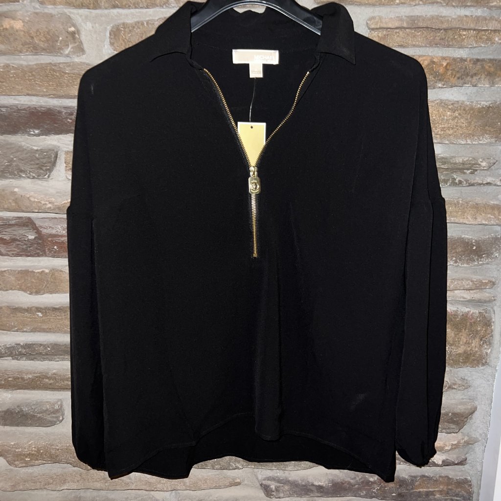 Michael Kors Gold Metal Zip V-Neck Drop Long Sleeve Blouse Black Medium Nwt